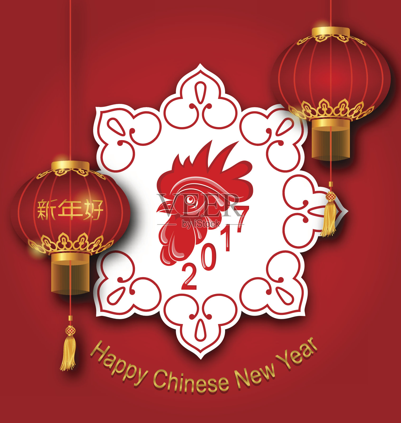 节日庆祝卡公鸡和中国灯笼插画图片素材