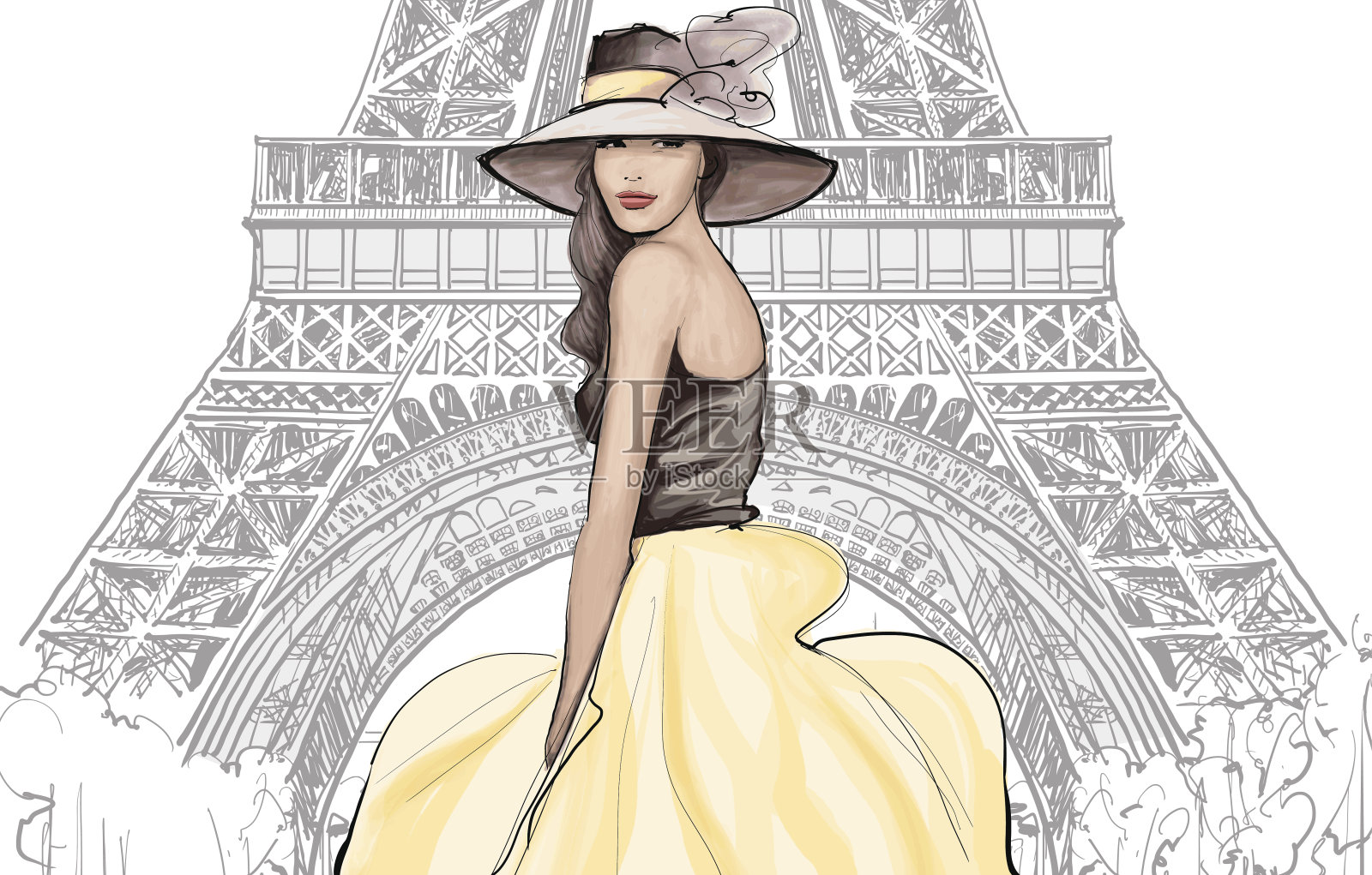 年轻漂亮的时装模特戴着帽子在巴黎插画图片素材