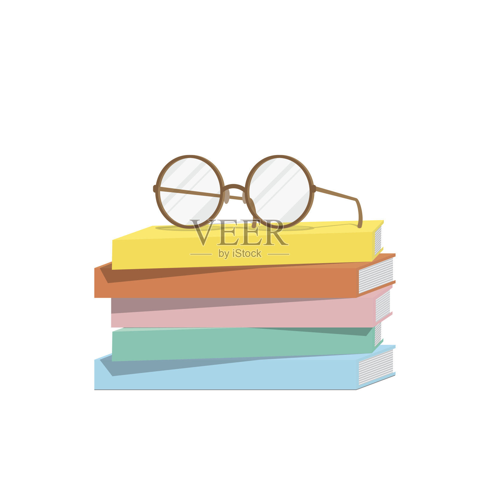 眼镜在顶部堆叠的书，插图向量。设计元素图片