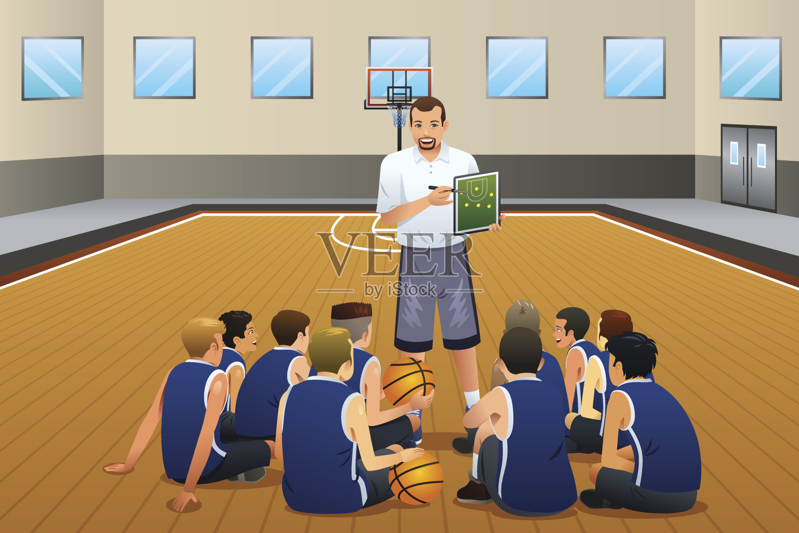 篮球教练在场上与球员交谈插画图片素材