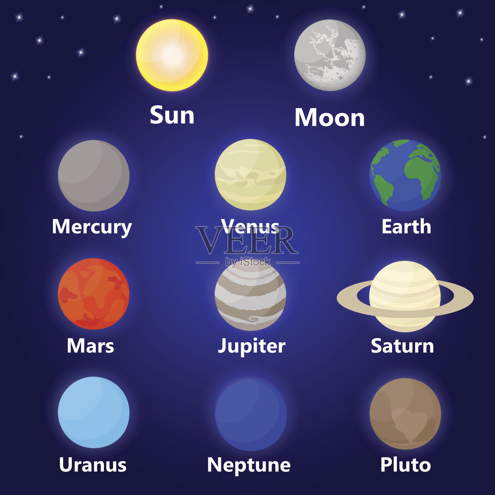 太阳系与太阳，行星和恒星插画图片素材
