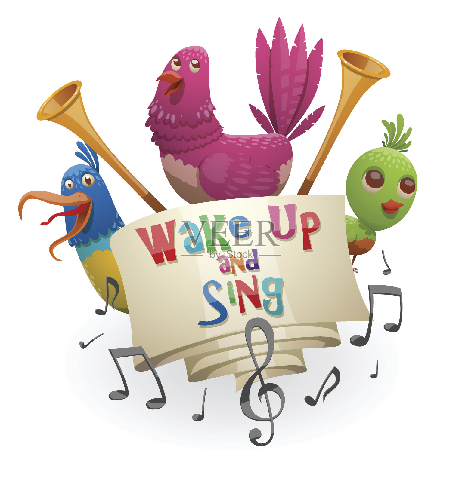 象征着“醒来歌唱”，蓝色、粉色、绿色的小鸟插画图片素材