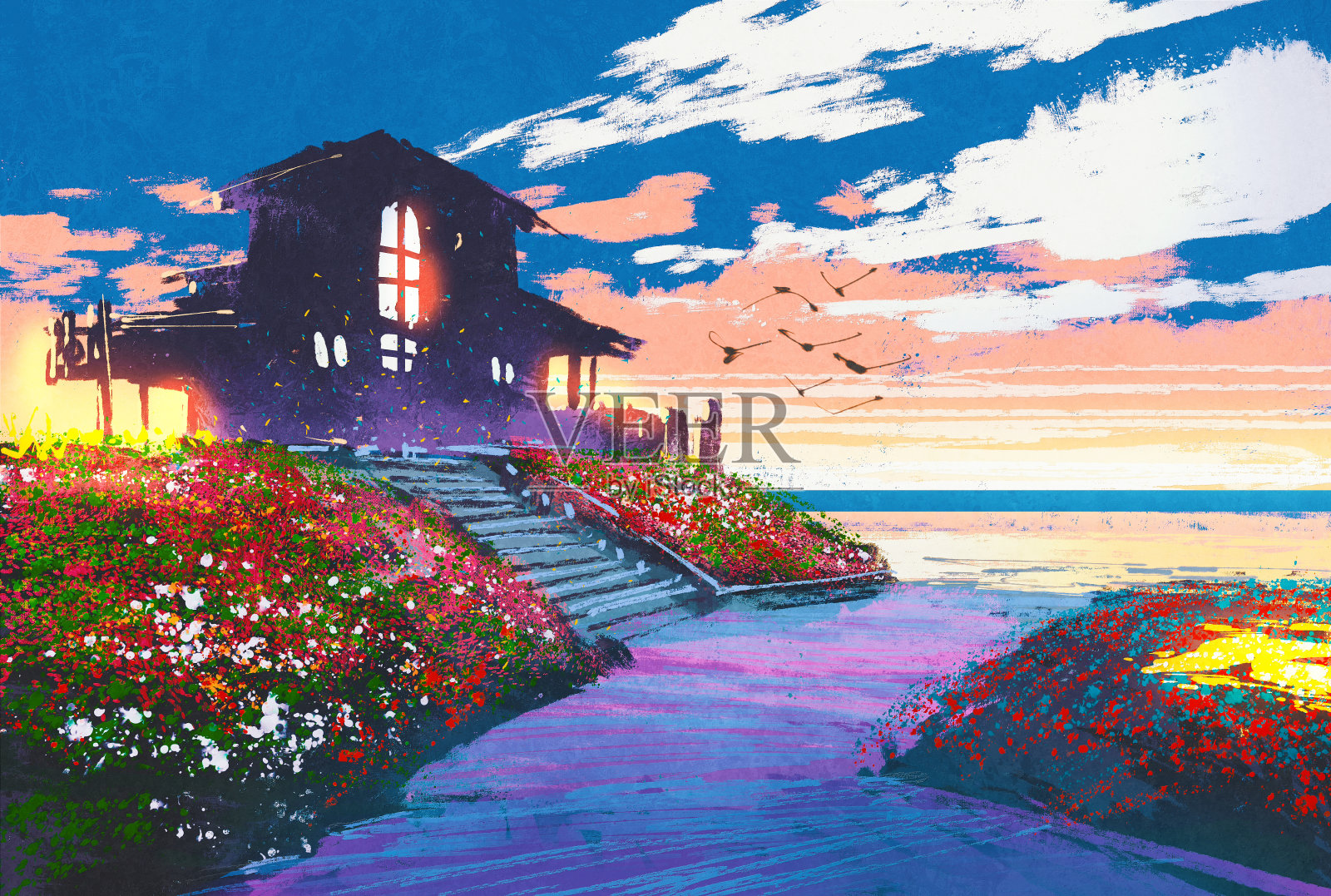 海景与海滨别墅和色彩鲜艳的花朵为背景插画图片素材