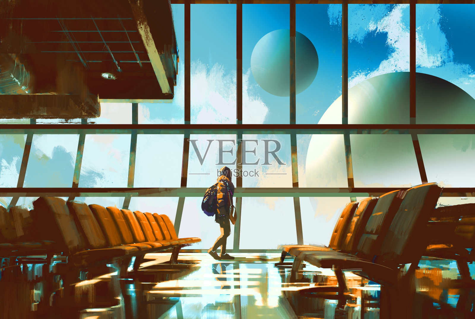 一个年轻女孩在机场里透过窗户看星球插画图片素材
