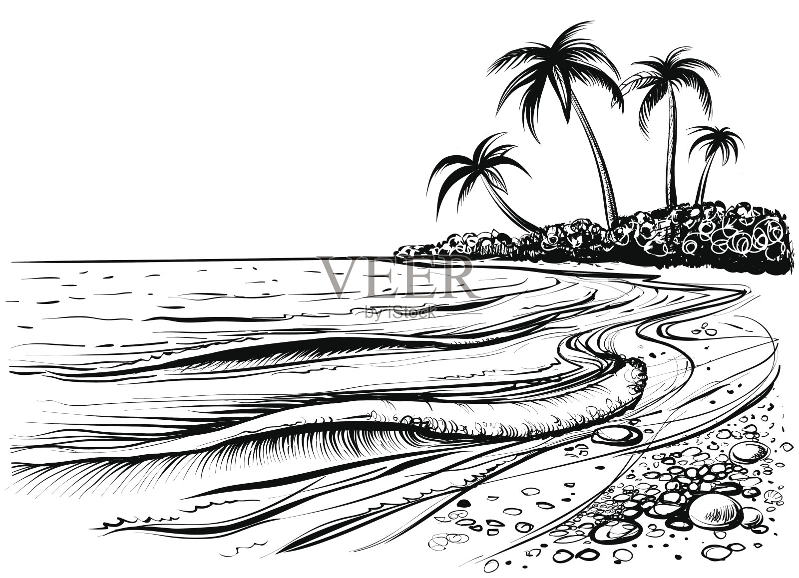 大海或沙滩上有海浪和棕榈树，画。插画图片素材