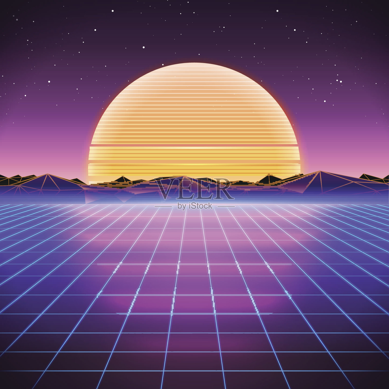 80年代复古科幻背景与日落背景图片素材