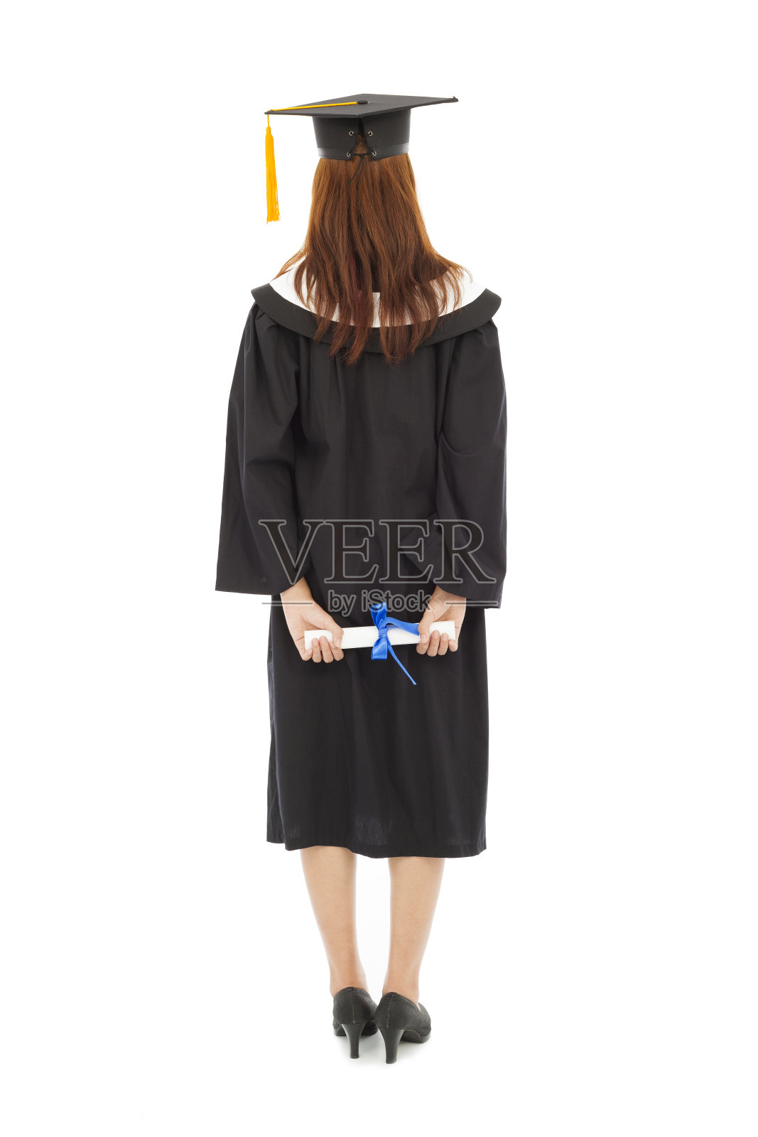 长背美丽年轻的毕业女子站着照片摄影图片
