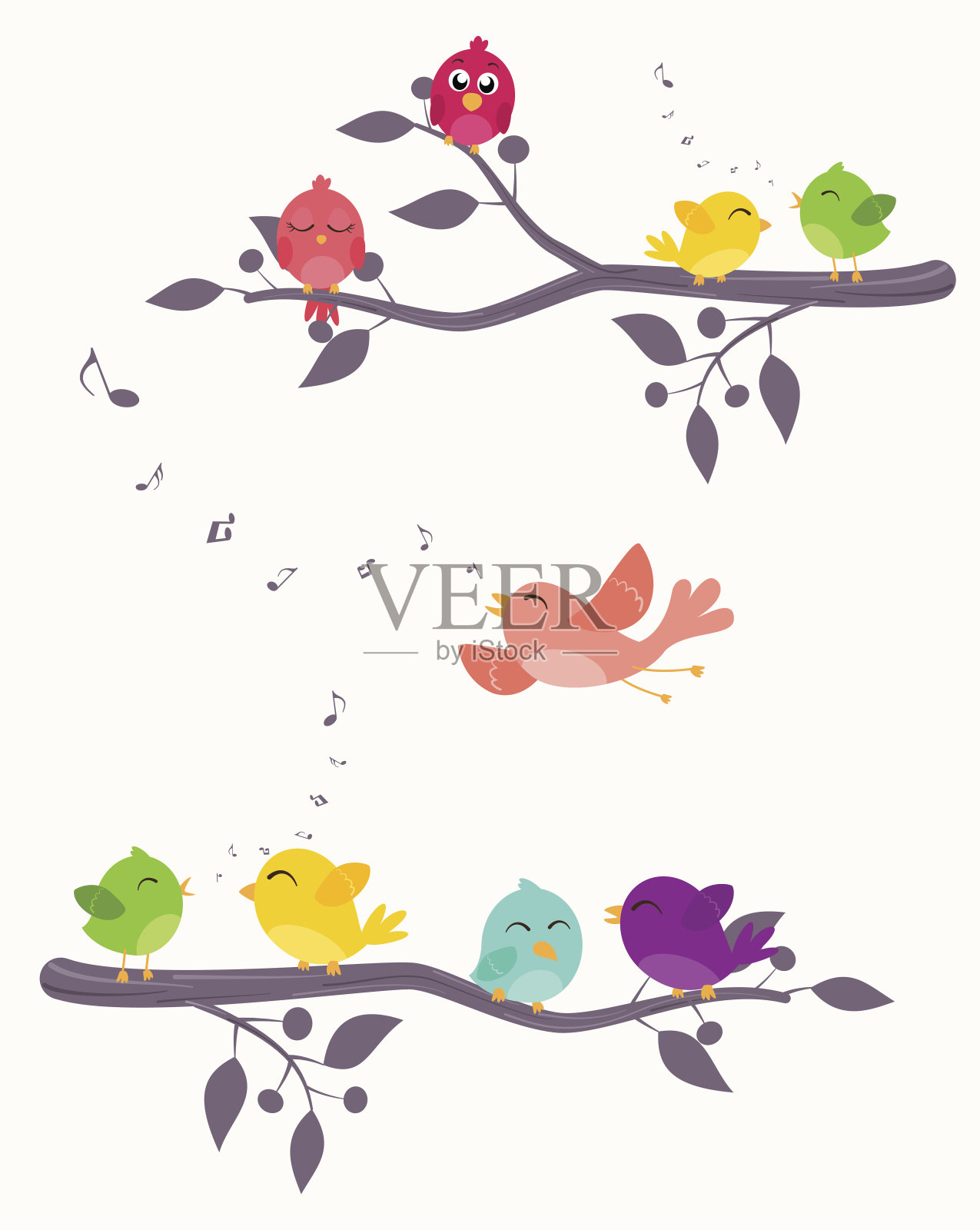 五颜六色的鸟在树枝上的背景插画图片素材
