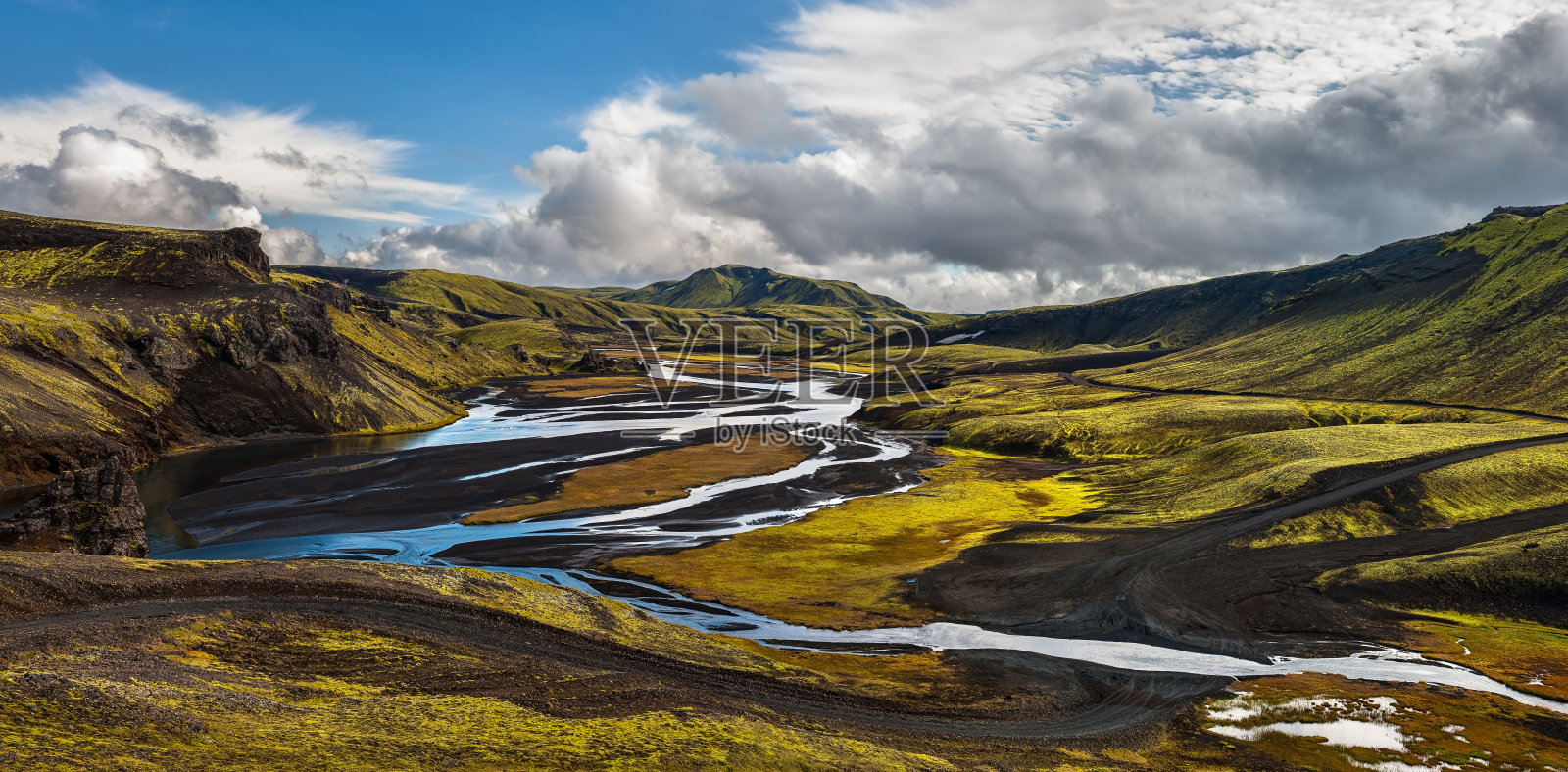 冰岛风景中蜿蜒的道路和河流全景。照片摄影图片