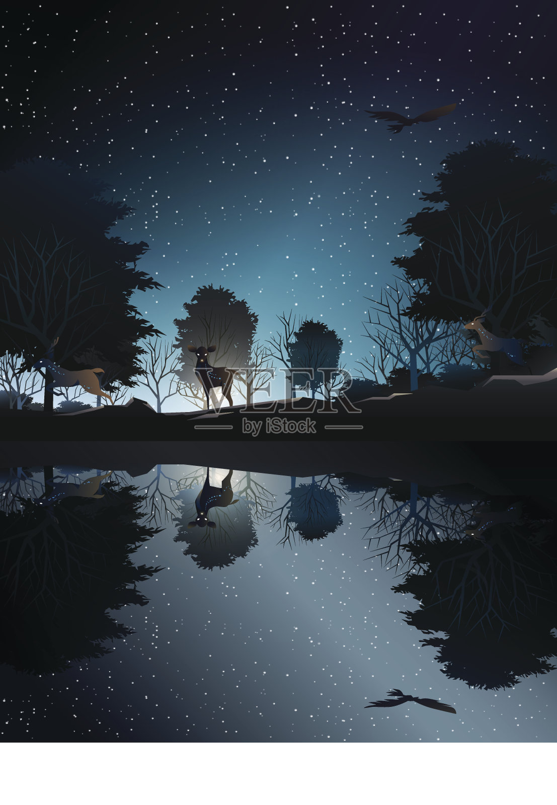 夜间在深树林中靠近湖泊的动物插画图片素材