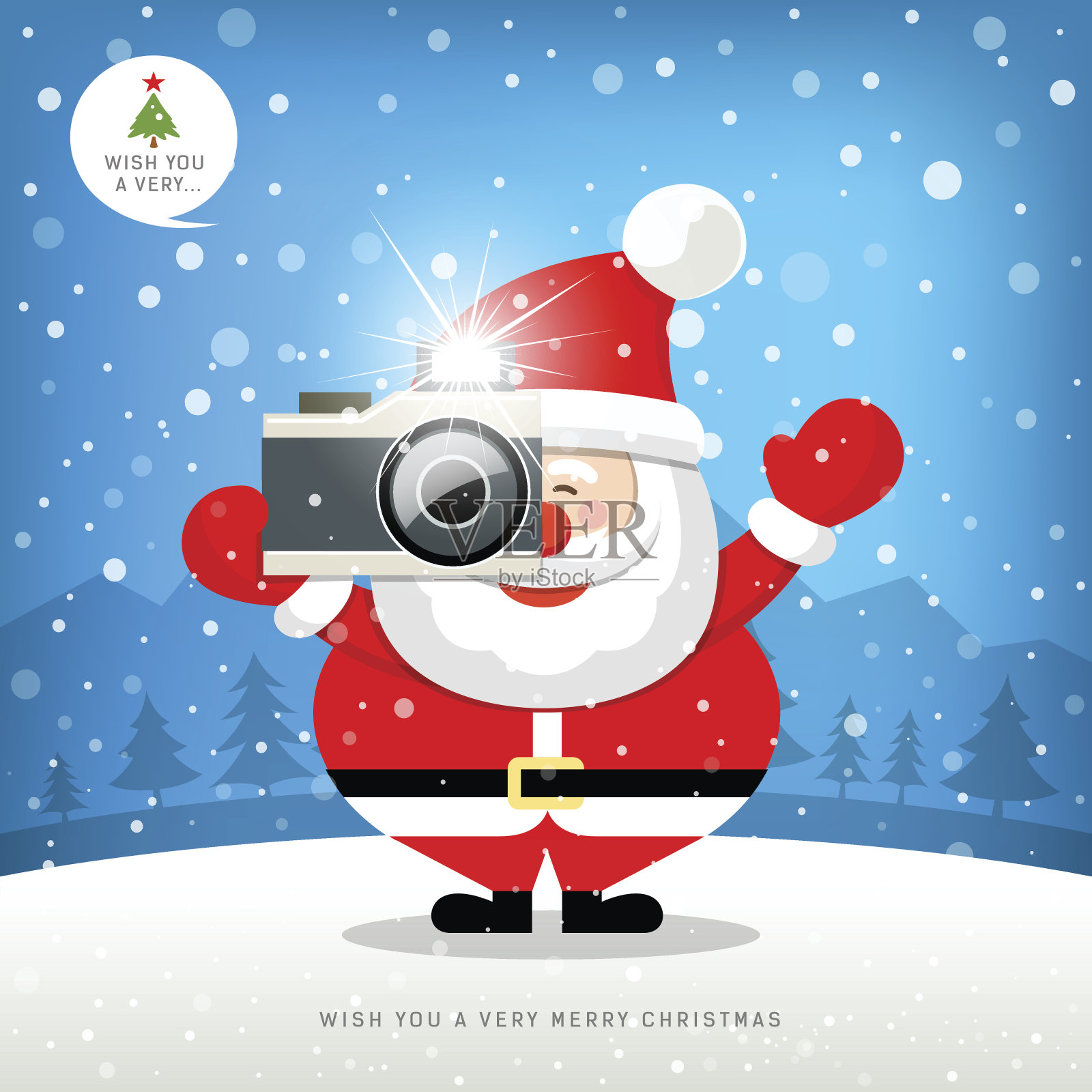 圣诞老人牵着相机在雪地上快乐插画图片素材