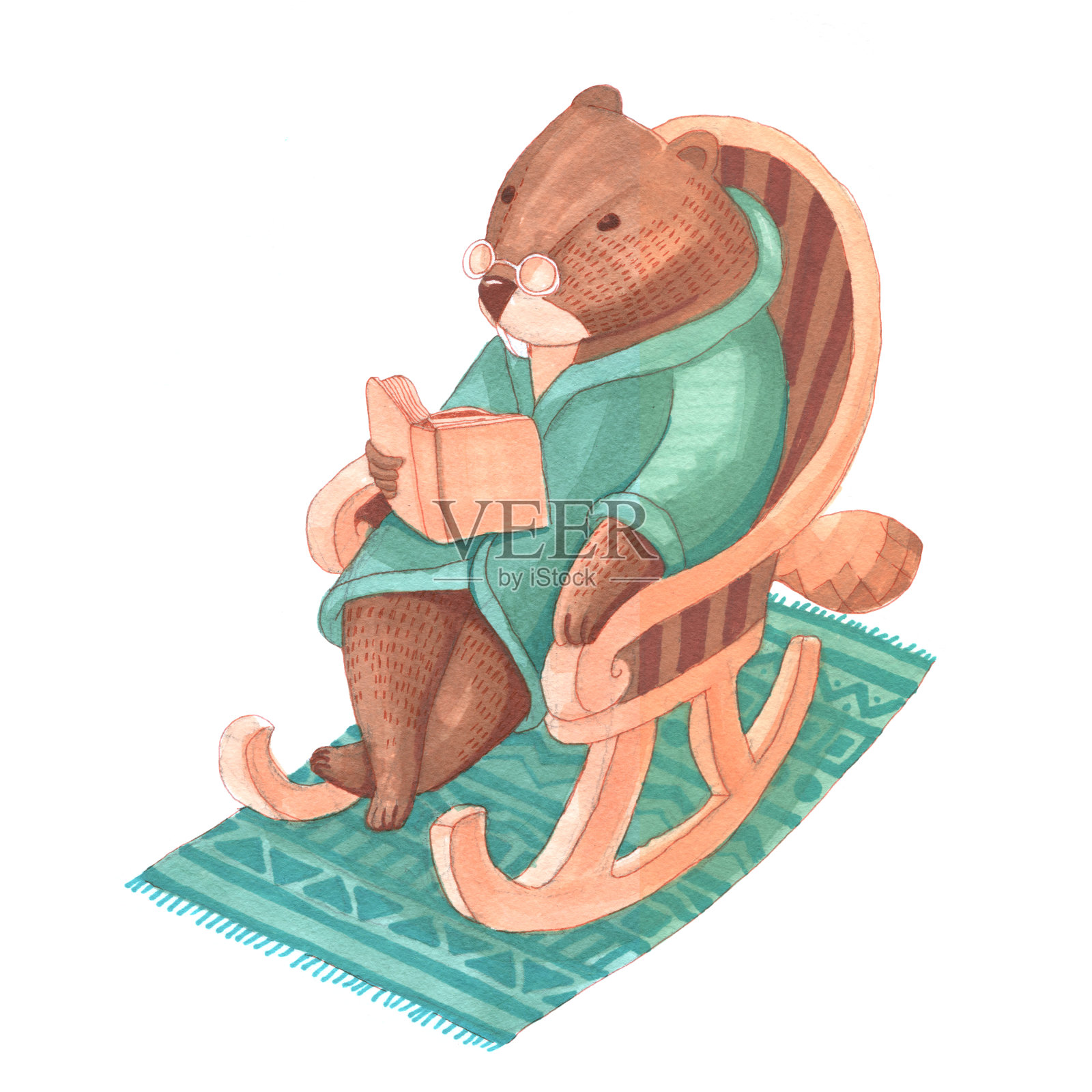 海狸穿着浴袍，戴着眼镜坐在摇椅上看书插画图片素材