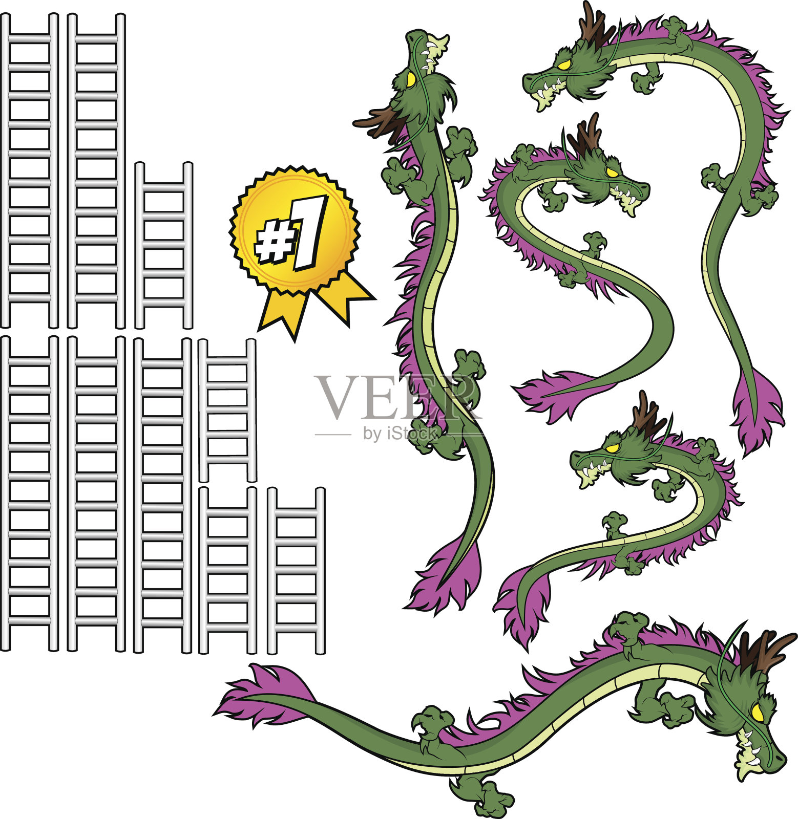 绿龙和梯子组插画图片素材
