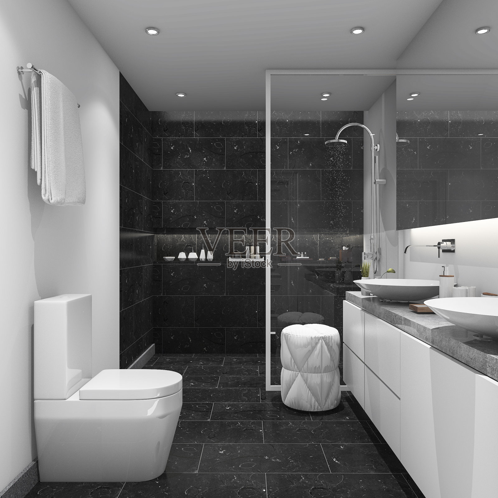 3d渲染深色瓷砖现代风格的浴室照片摄影图片