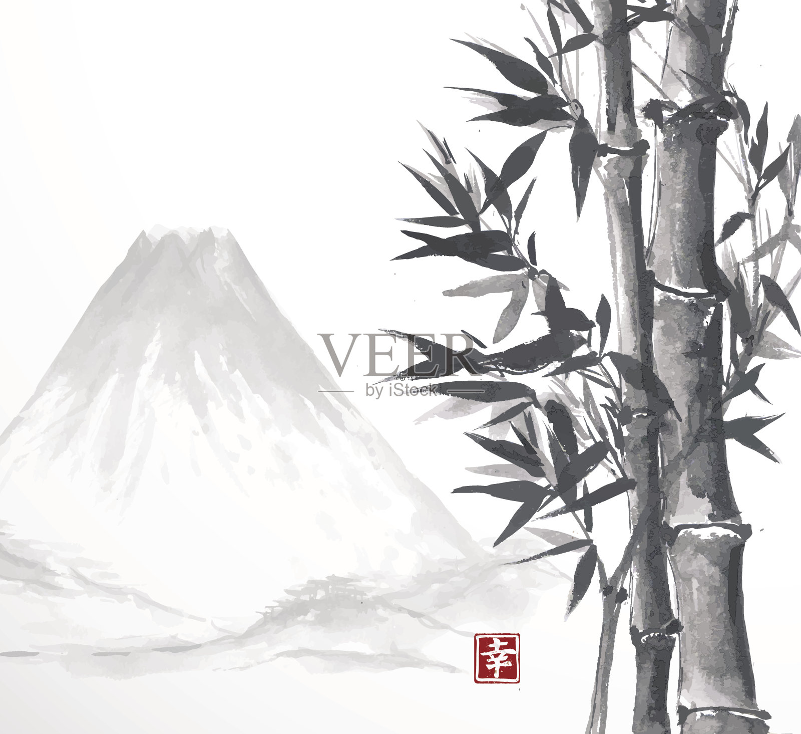 竹子和高山插画图片素材