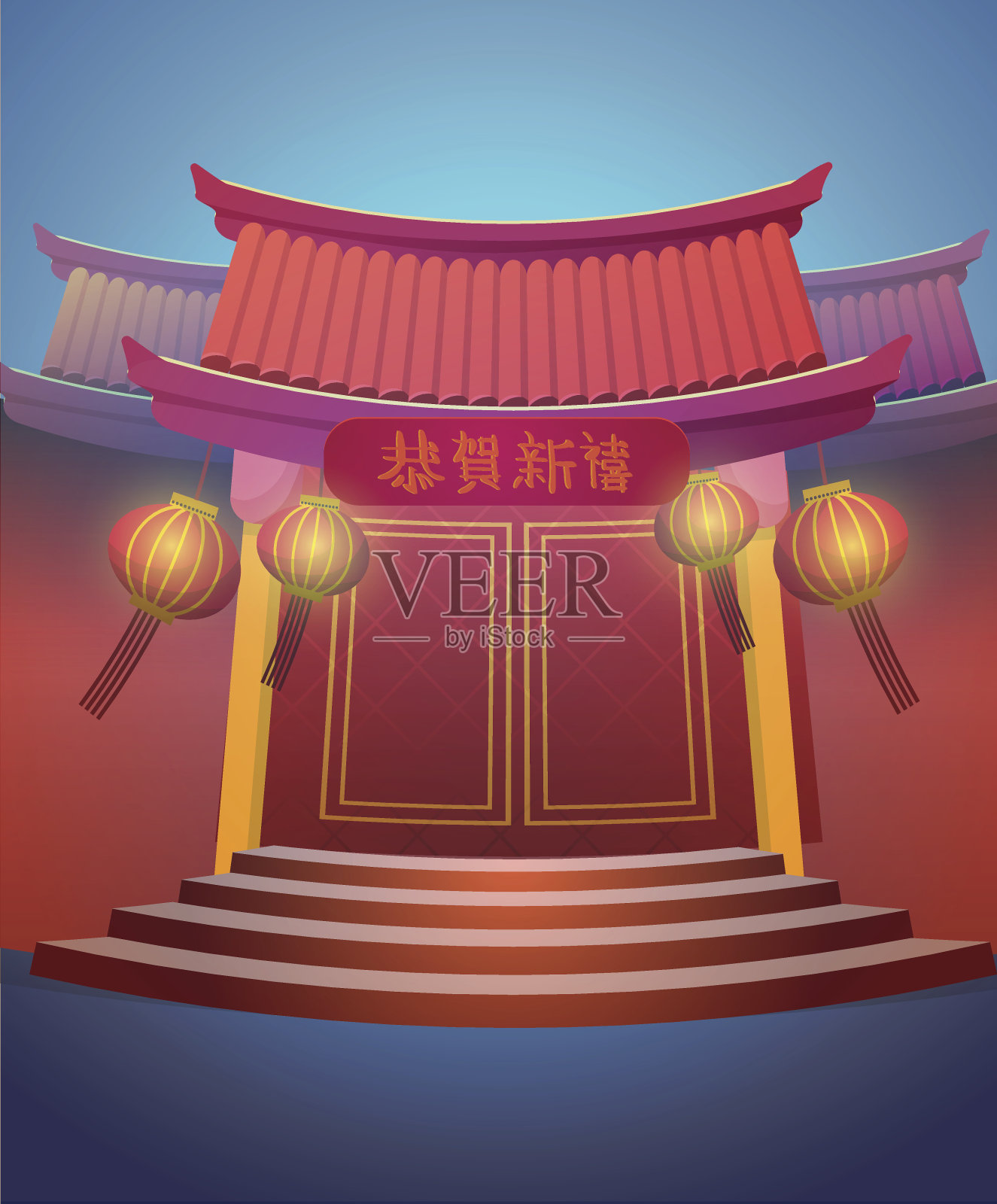 中国寺庙背景与快乐新年中文文本插画图片素材