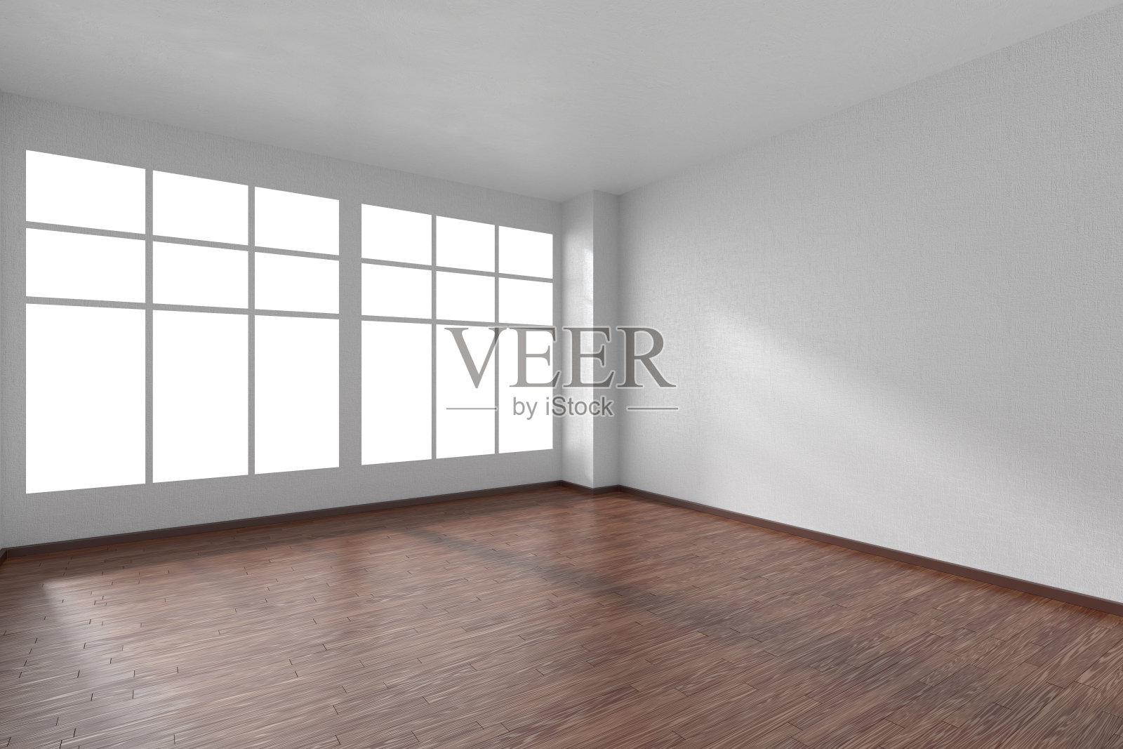 空房间，镶木地板，白色纹理的墙壁和窗户照片摄影图片