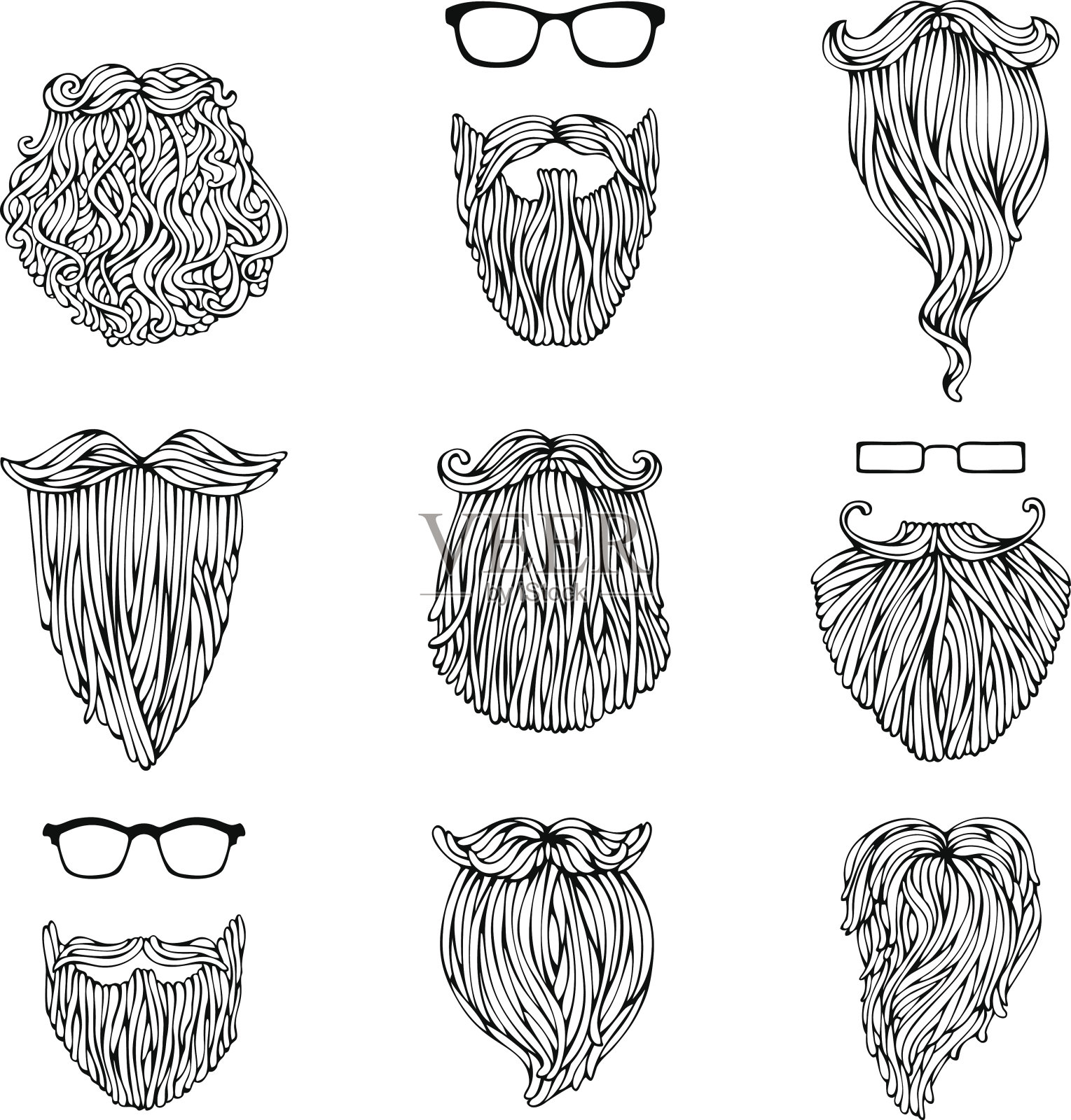 潮人胡子和眼镜的向量集。插画图片素材