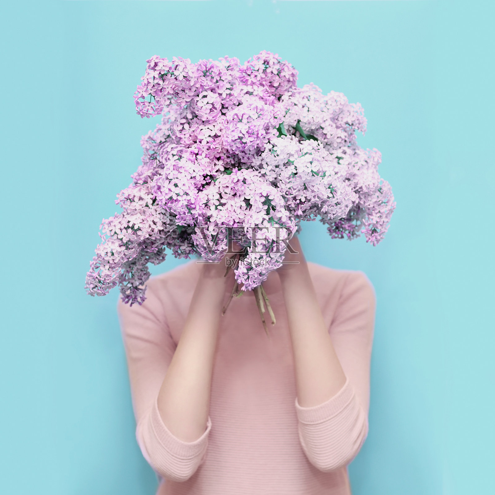 女人把头藏在鲜艳的蓝色的丁香花中照片摄影图片