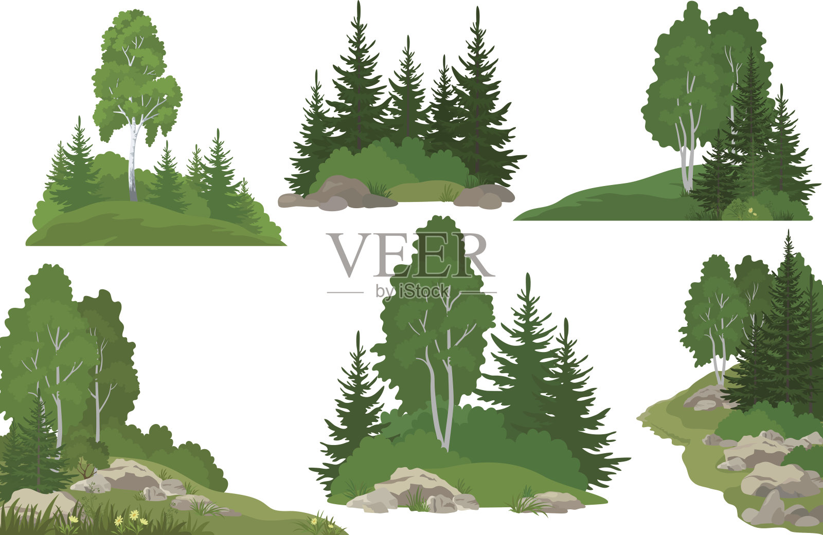 树木和岩石景观插画图片素材