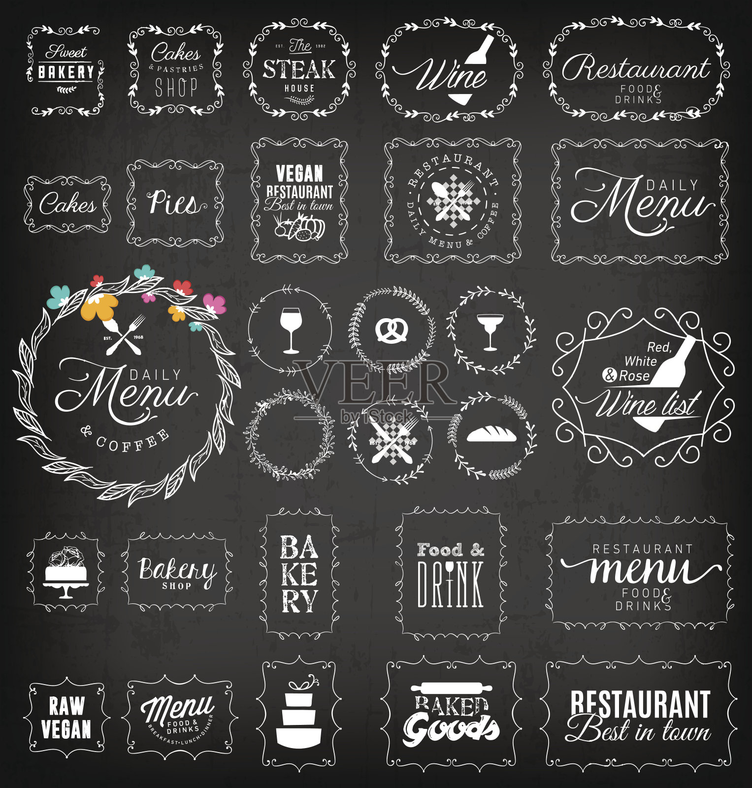 餐厅，菜单和面包店框架和标签收集在黑板上插画图片素材