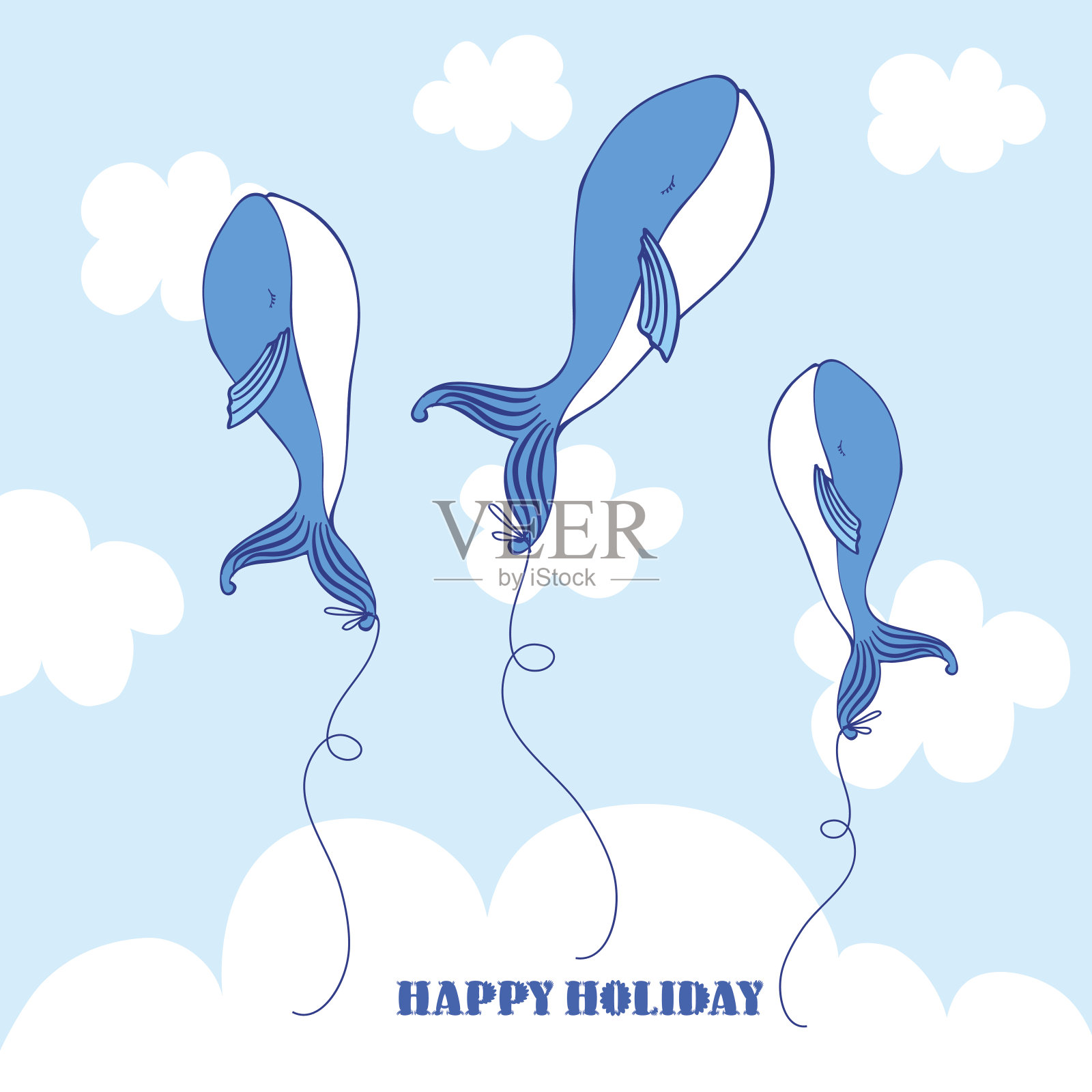 蓝鲸卡通插图孤立在青色天空的背景设计元素图片