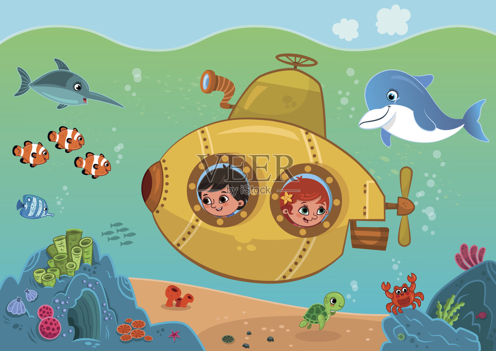 黄色潜水艇和孩子的矢量插图设计元素图片