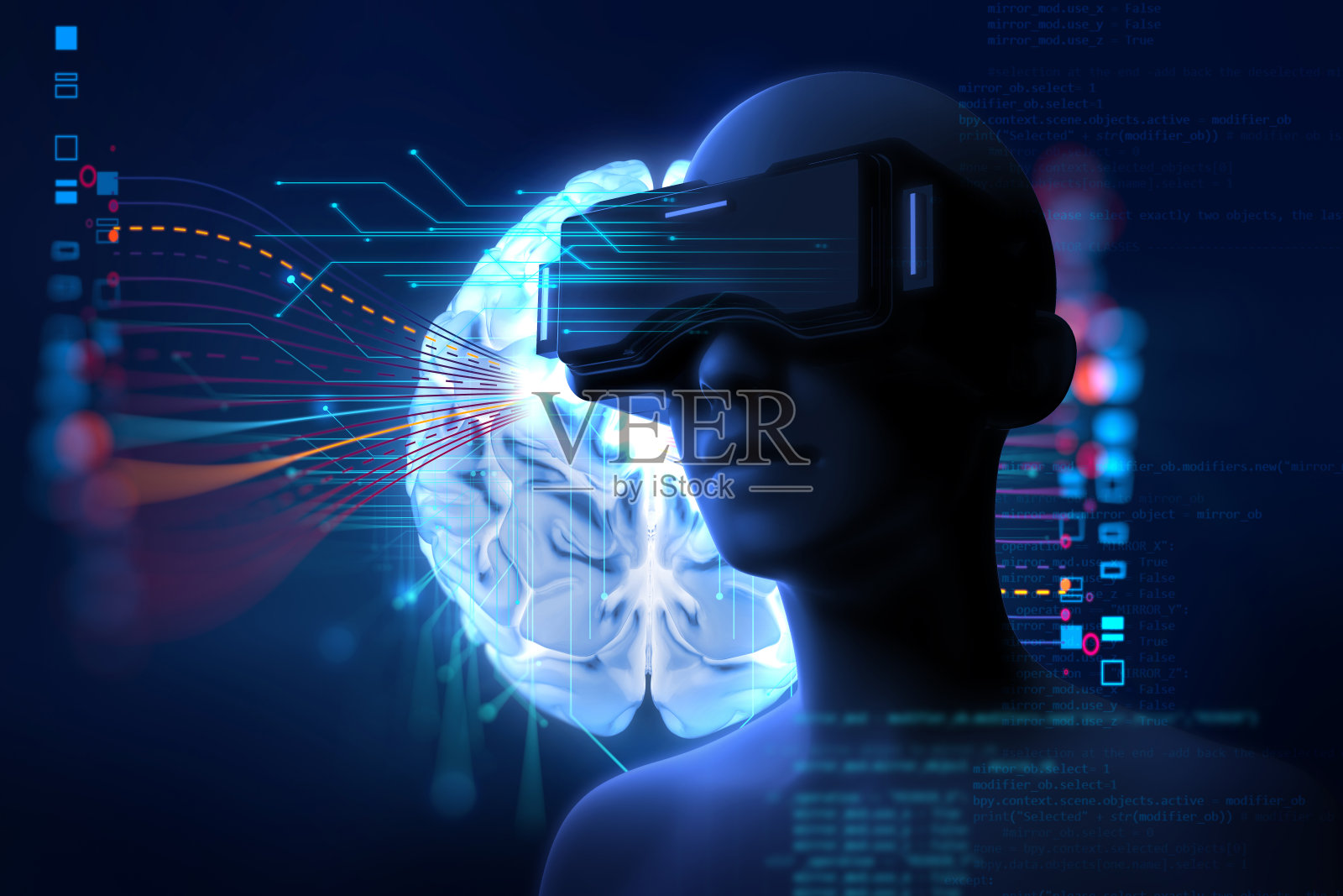VR头盔中虚拟人的三维渲染照片摄影图片
