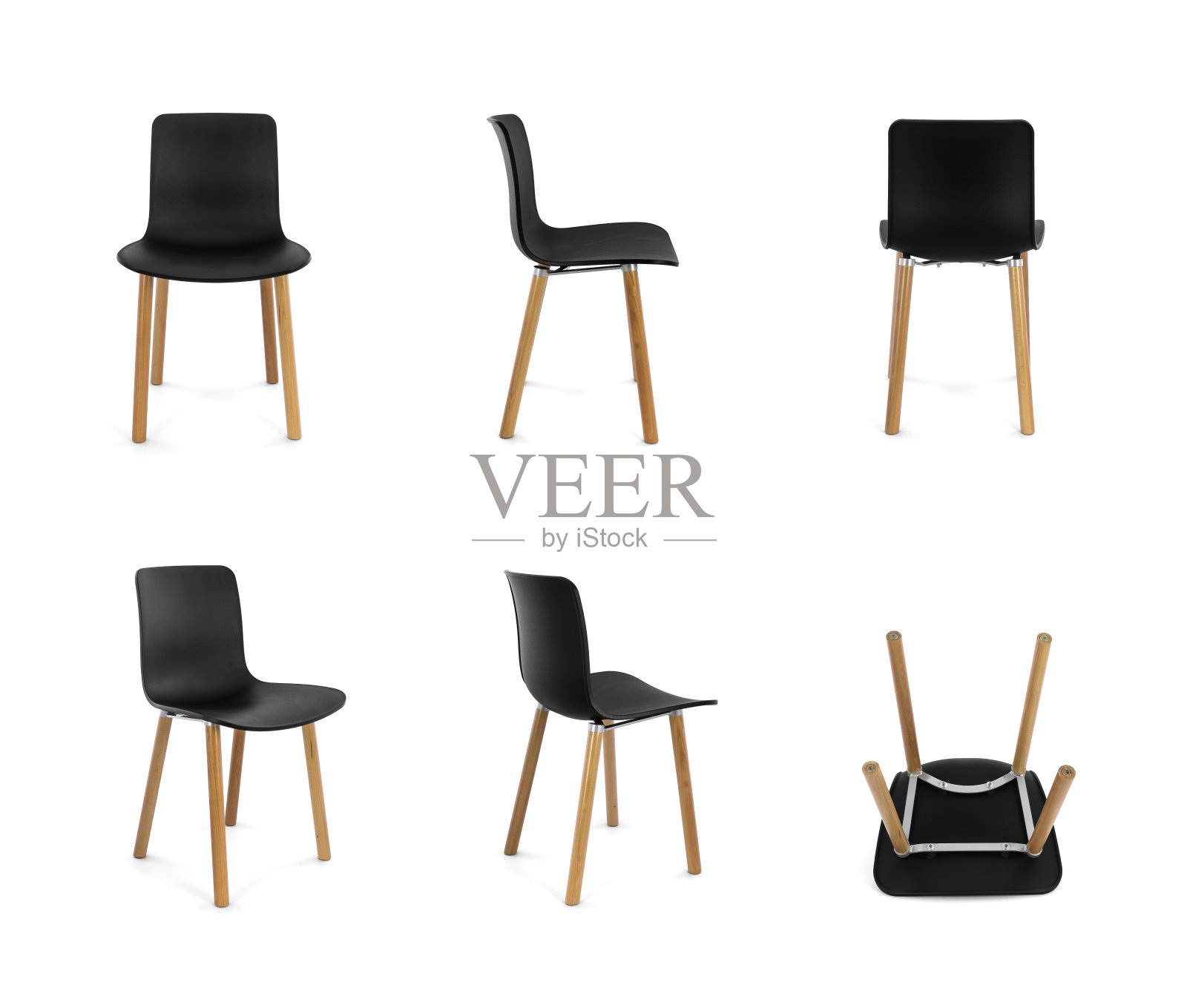 黑色塑料现代椅子与木腿，多个角度照片摄影图片