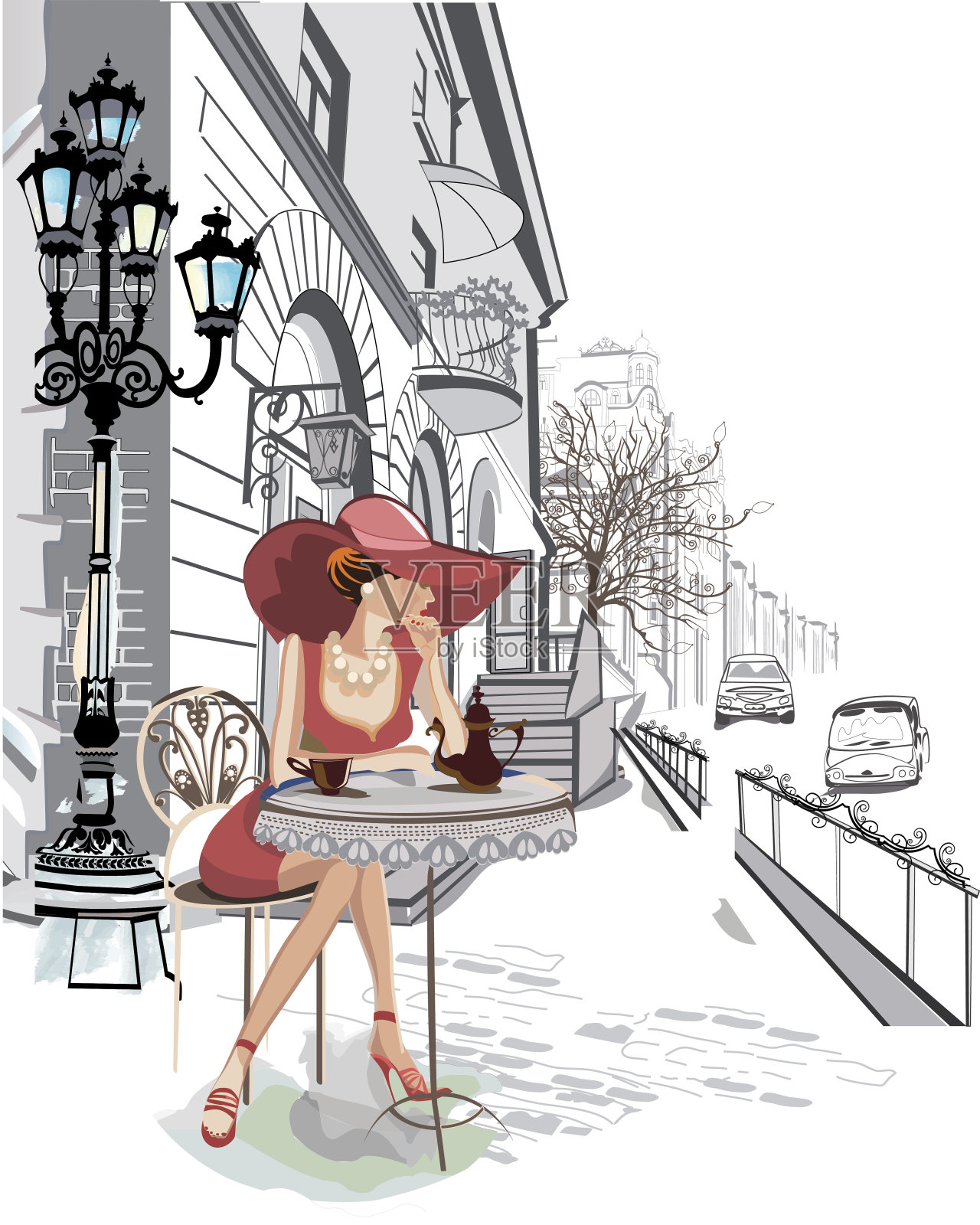 街头咖啡馆里的时尚女孩。插画图片素材