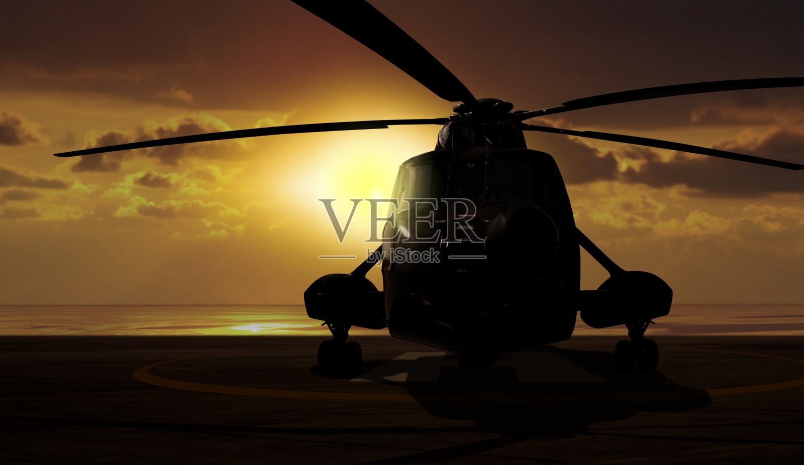 日落时，航母上的军用直升机照片摄影图片