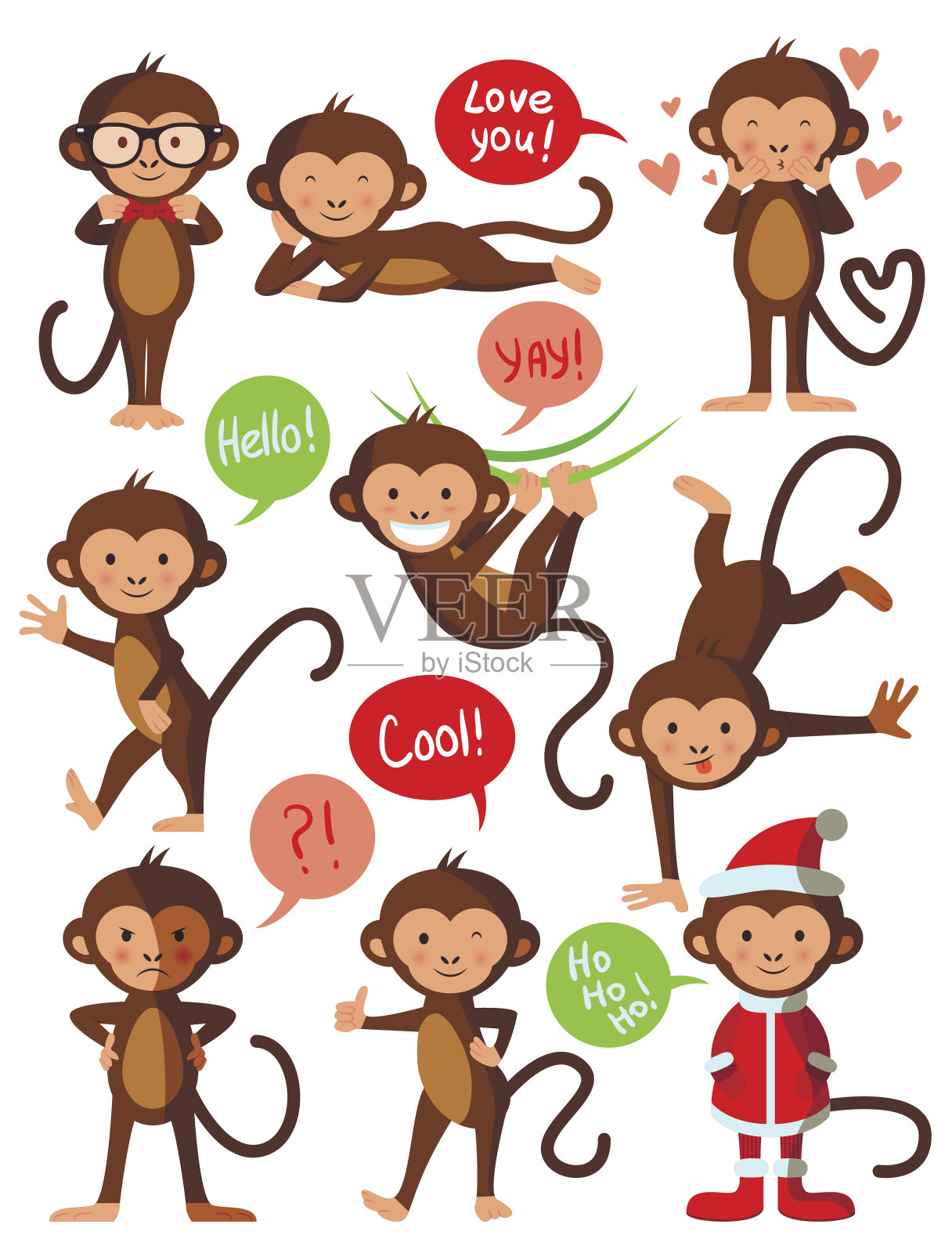 一套可爱有趣的猴子，矢量插图设计插画图片素材