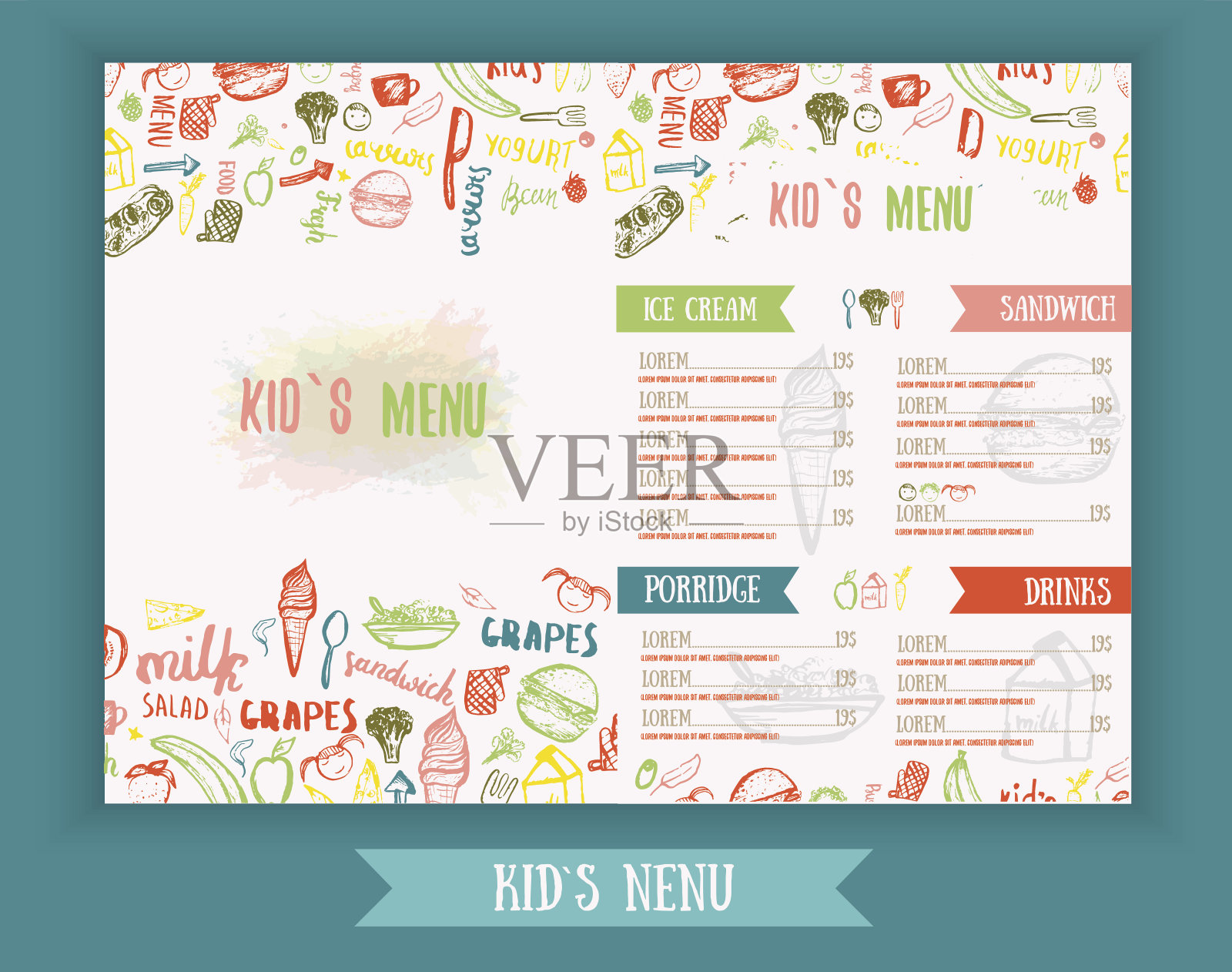 儿童菜单可爱的彩色手绘矢量模板。设计模板素材