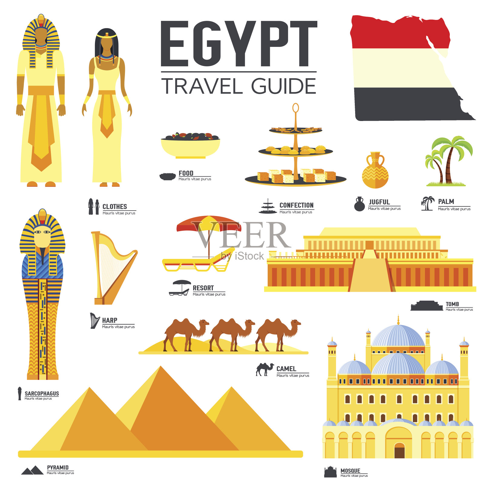 埃及国旅游度假指南的商品、地点和特色插画图片素材