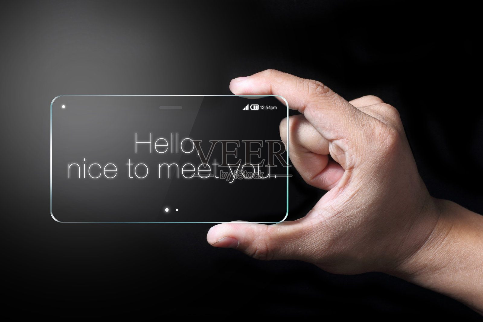 透明智能手机上的Hello措辞照片摄影图片