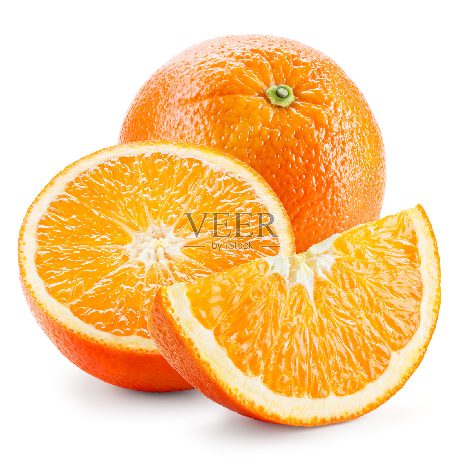 橙色水果。整片，半片和一片孤立在白色上。照片摄影图片