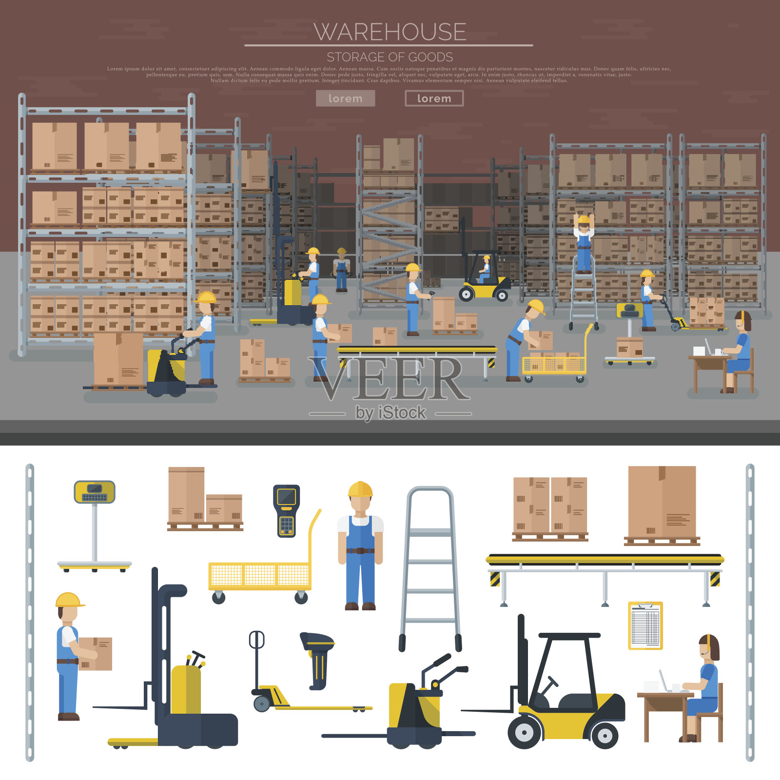 仓储工人在货架物流行业中取包的平面向量插画图片素材