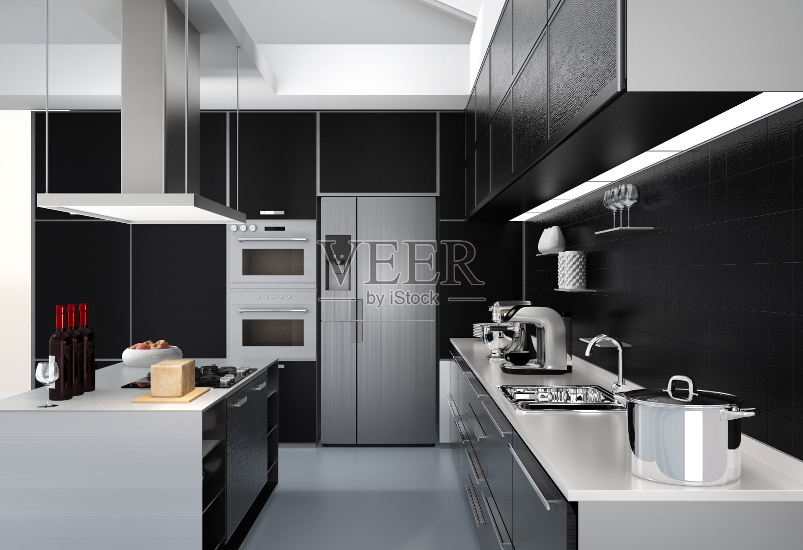 现代厨房内部与智能家电在黑色的颜色协调照片摄影图片