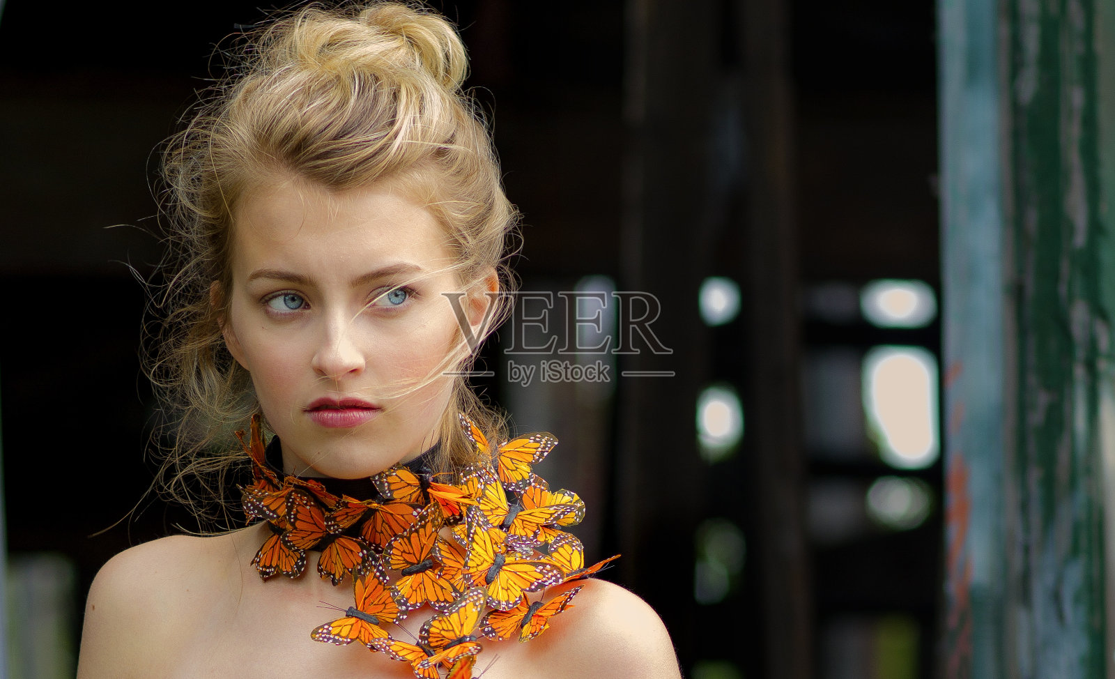 金发模特戴着蝴蝶项链。照片摄影图片