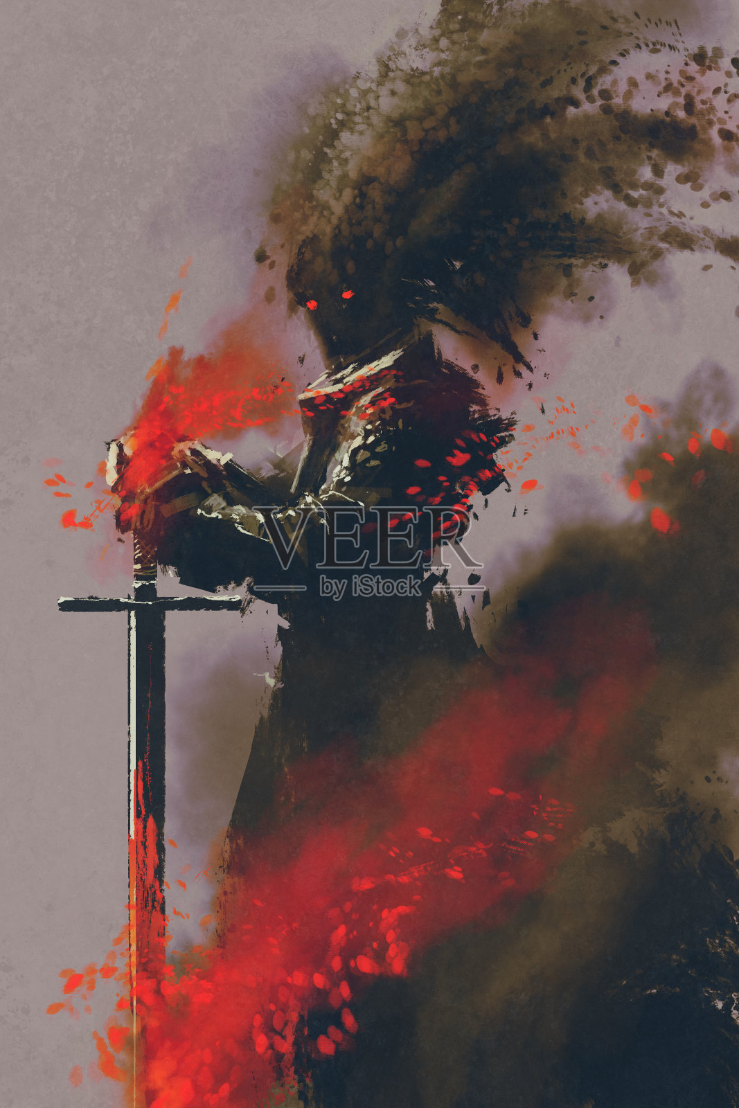穿着盔甲手持利剑的黑暗战士插画图片素材
