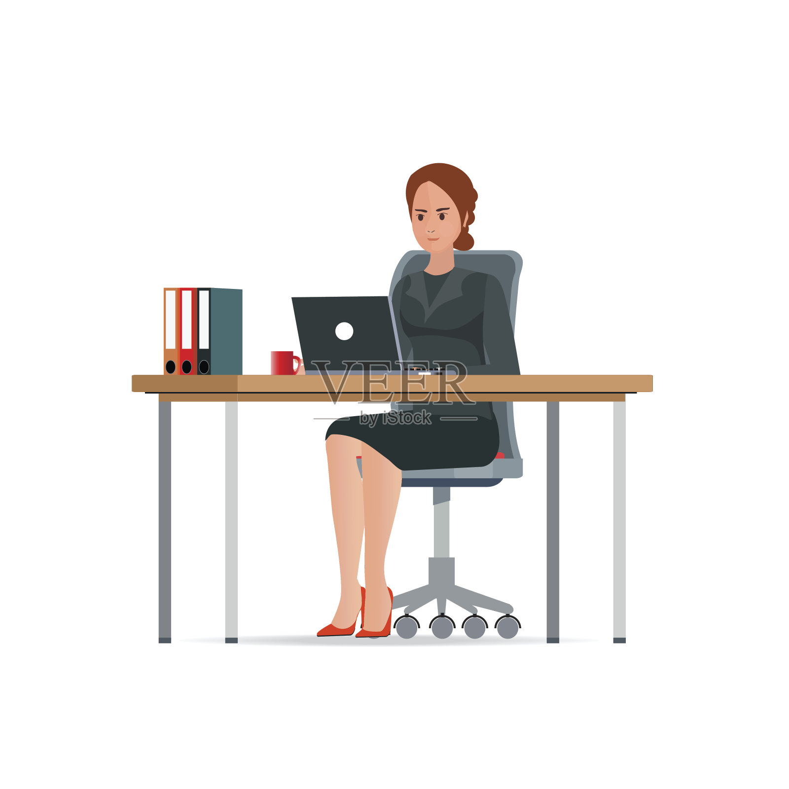 穿着西装在笔记本电脑前工作的商务女性插画图片素材