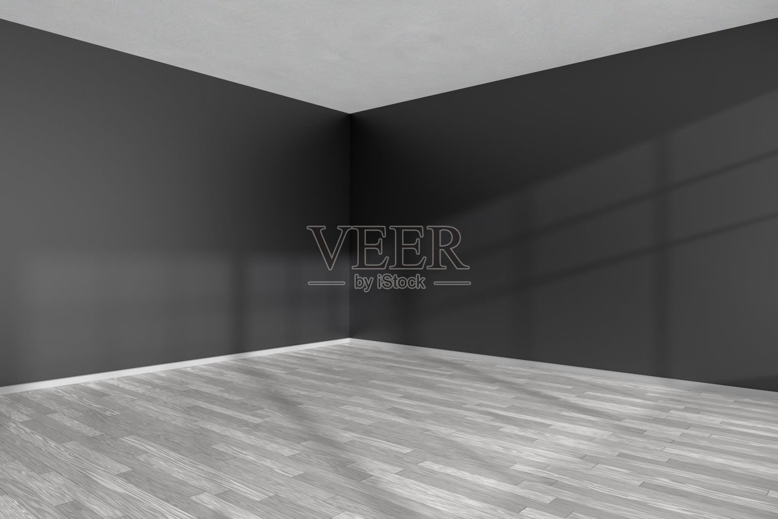 房间的一角，白色拼花地板，黑色墙壁照片摄影图片