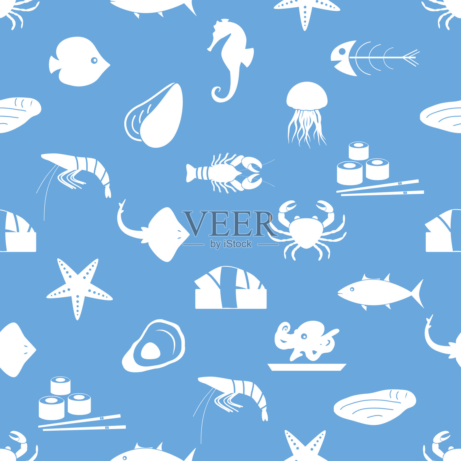 海鲜和鱼食主题套装图标蓝白无缝图案eps10插画图片素材