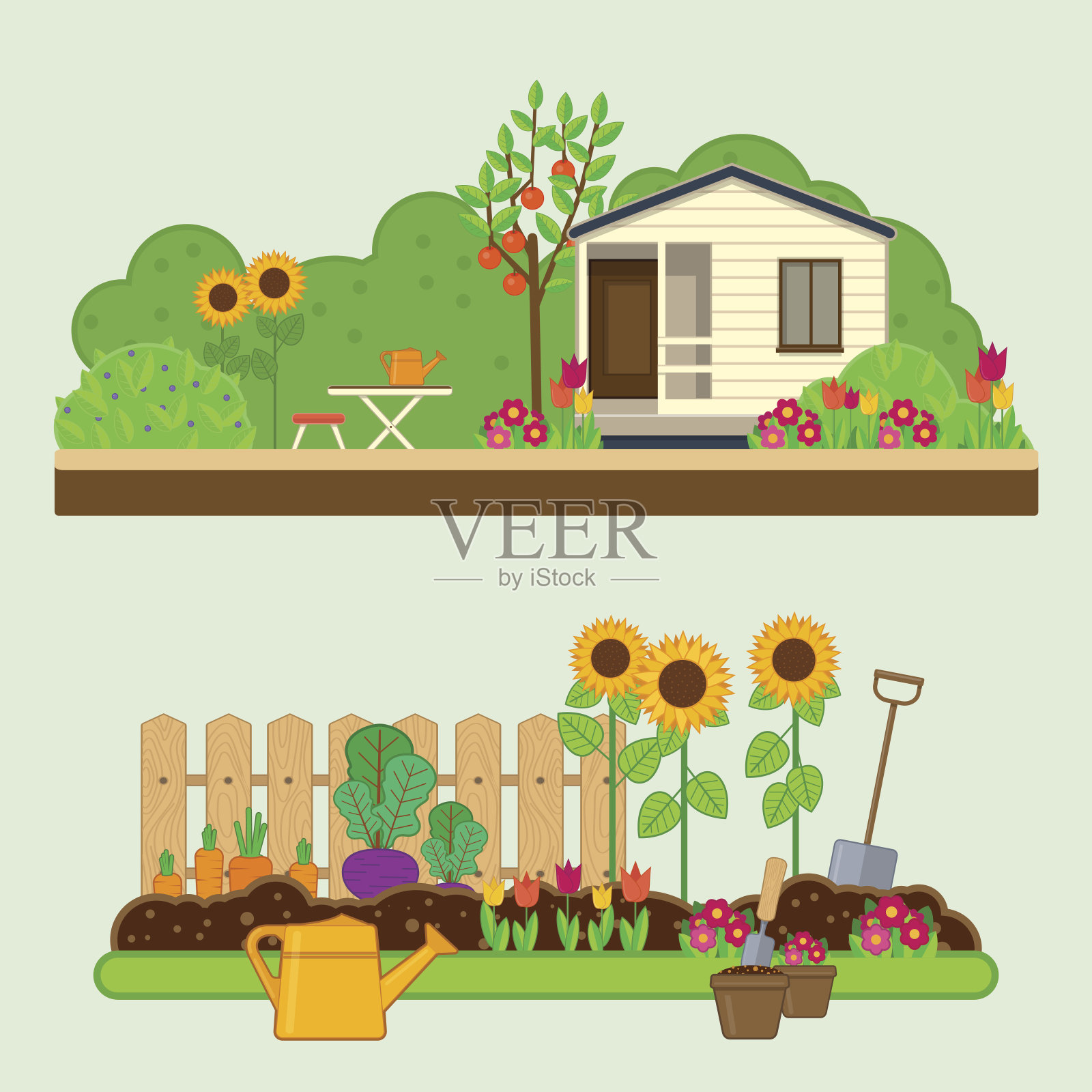 园艺组。插图与花园，农舍和花园工具插画图片素材