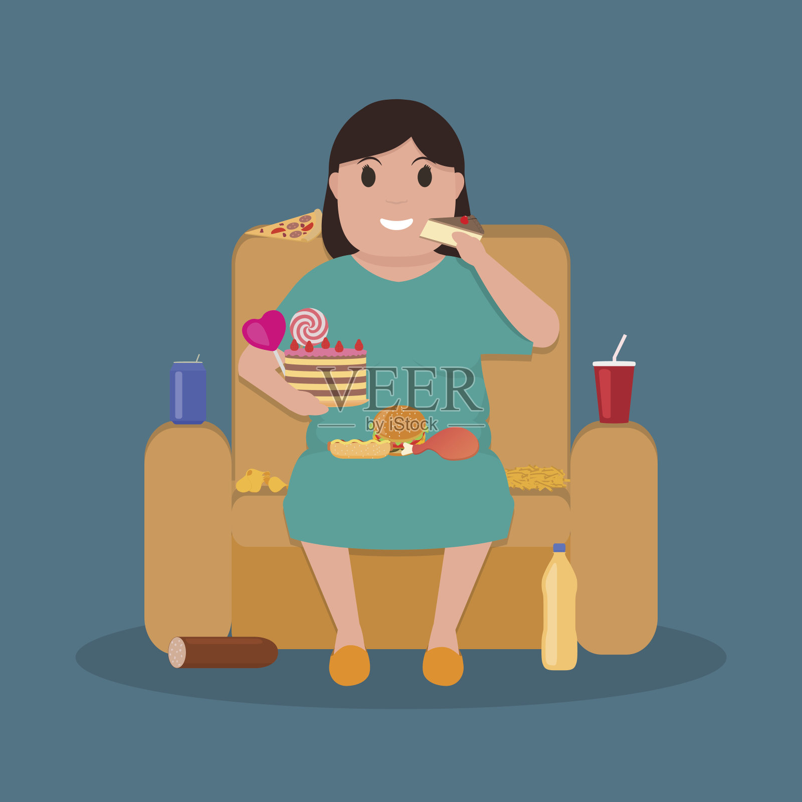 卡通胖女人坐在沙发上吃垃圾食品插画图片素材