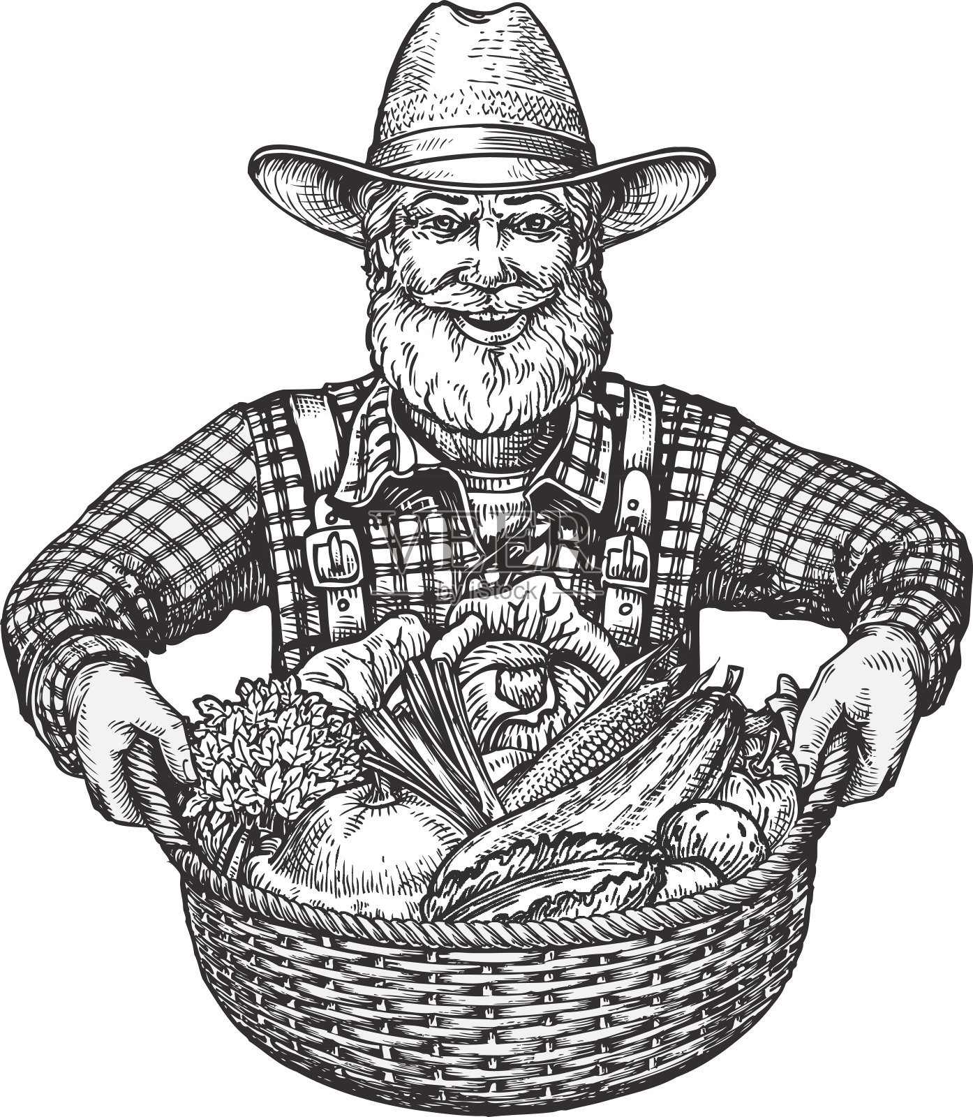 快乐的农夫带着一篮蔬菜。手绘草图插画图片素材