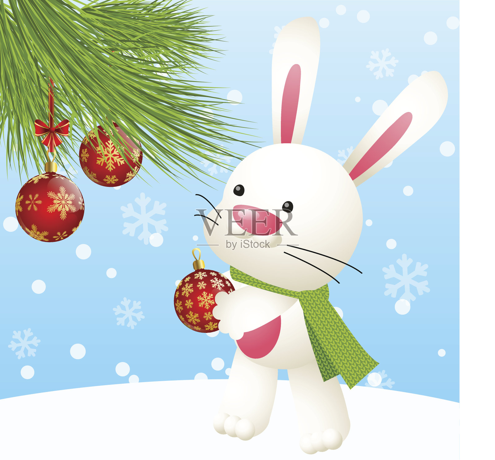 兔子与圣诞球在蓝色的冬天背景设计元素图片
