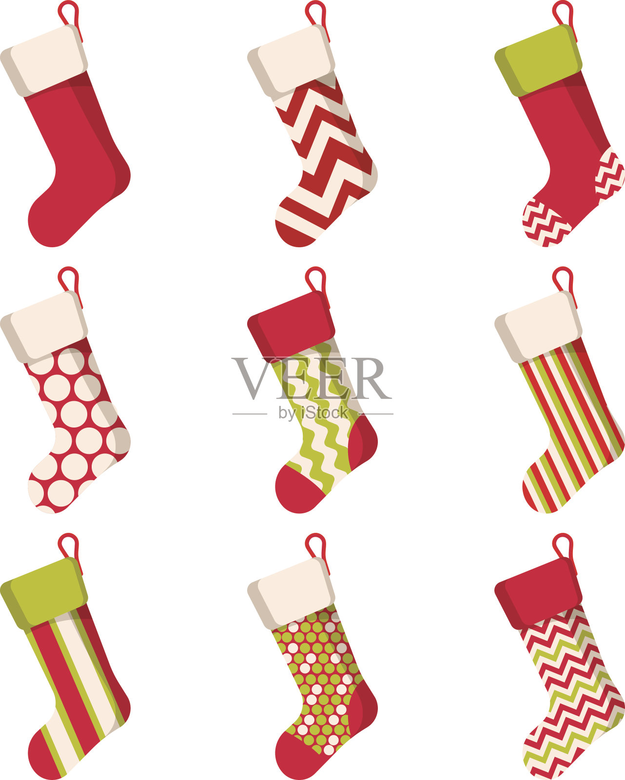 圣诞袜设置孤立的白色背景。节日的圣诞老人插画图片素材
