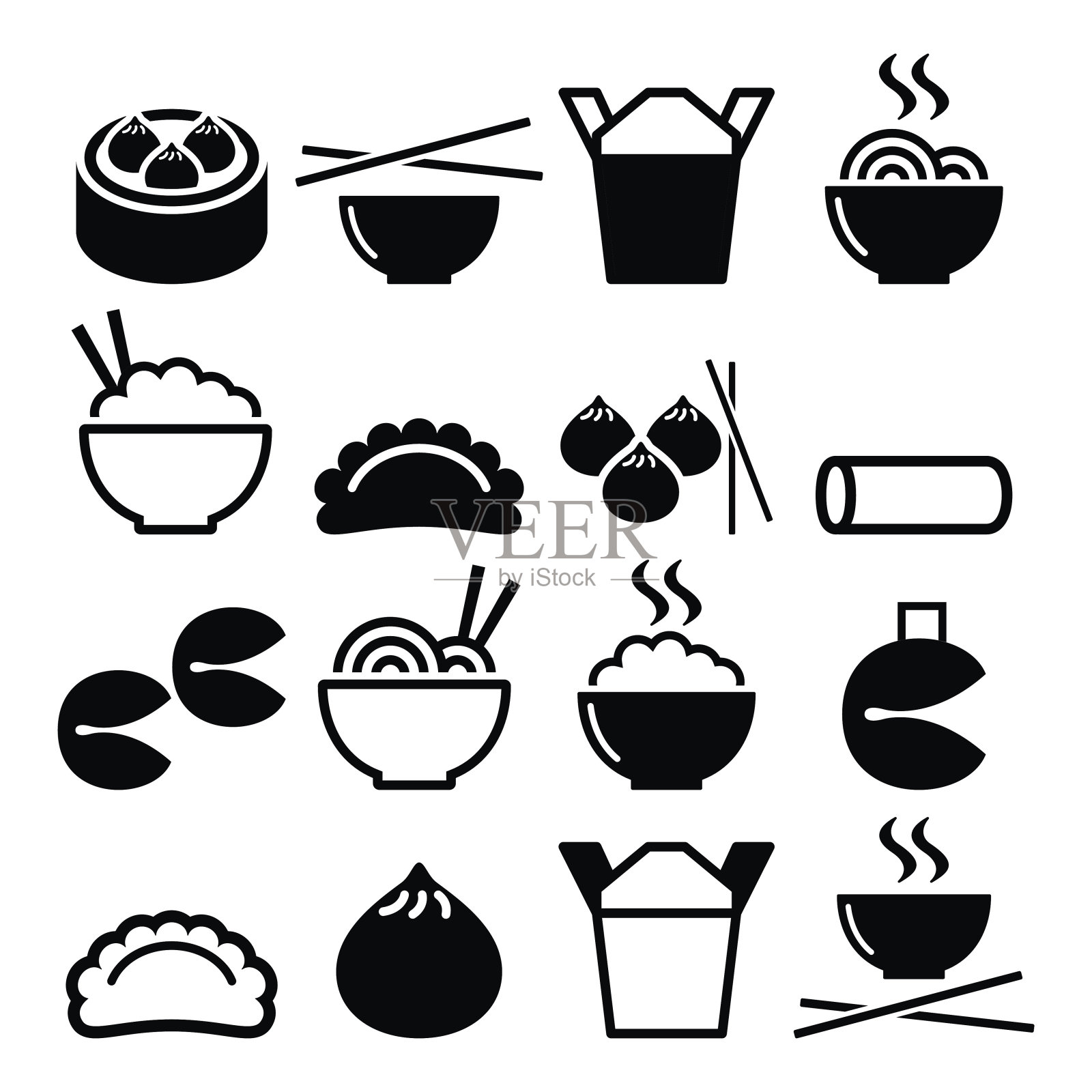 中式外卖——意大利面，米饭，春卷，饺子插画图片素材