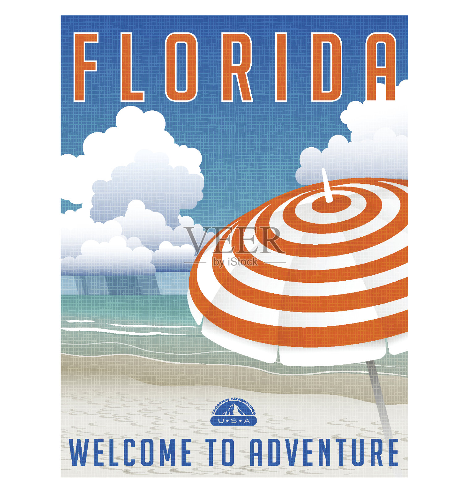 佛罗里达旅游海报或贴纸。矢量插图的风景海滩与条纹伞。设计模板素材